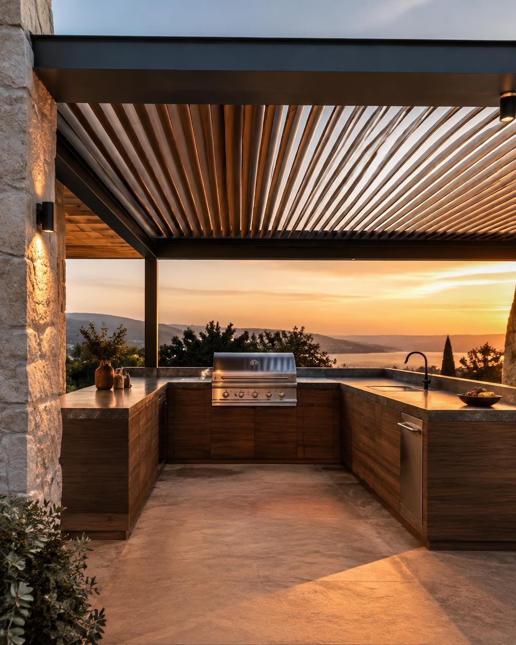 Concept L-shaped outdoor kitchen under a louvred pergola at sunset