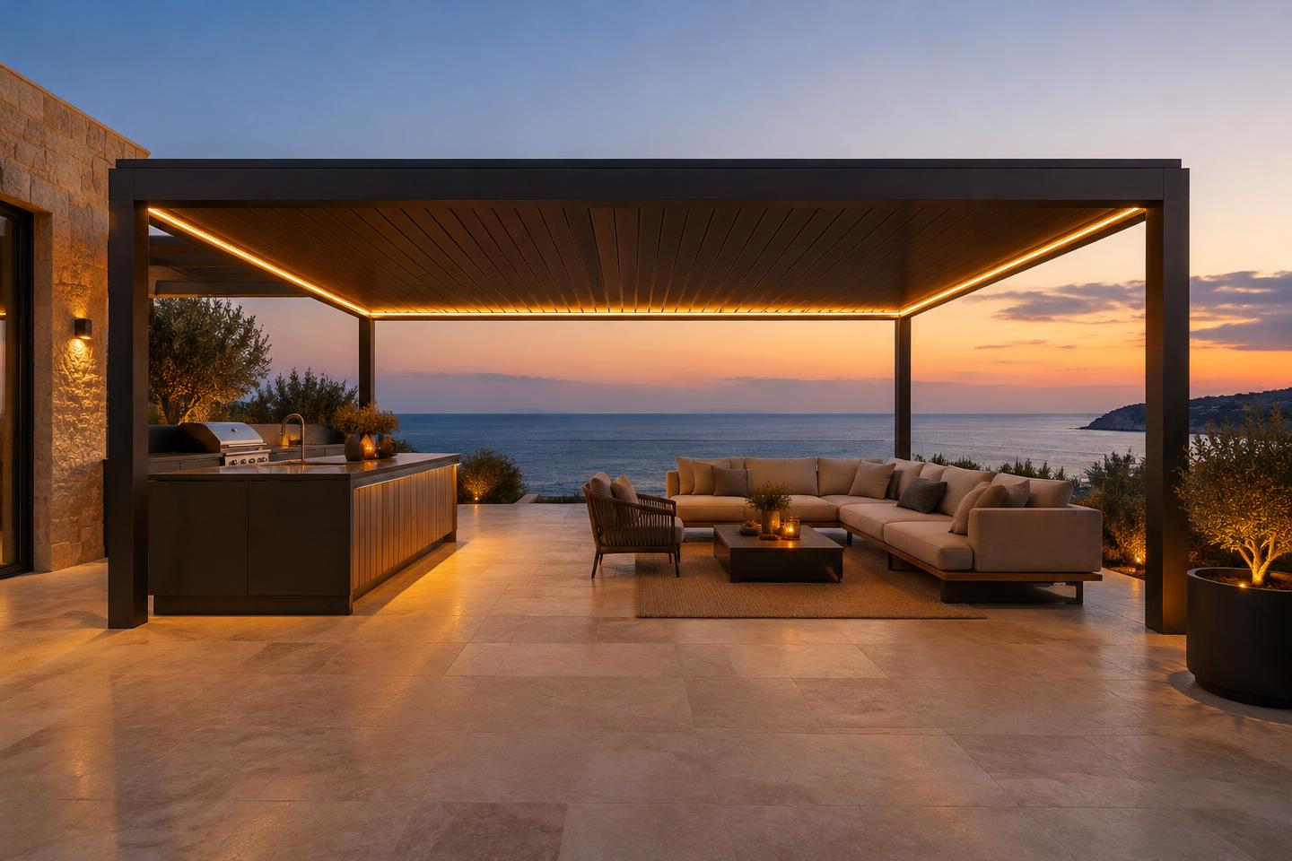 Finished villa terrace concept with kitchen, pergola and lounge