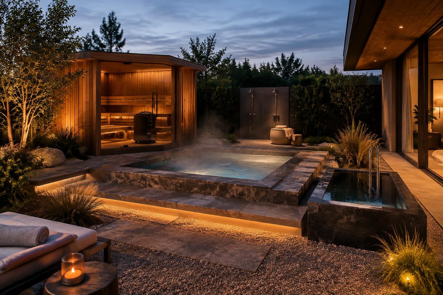 Garden concept with sauna, hot tub and cold plunge